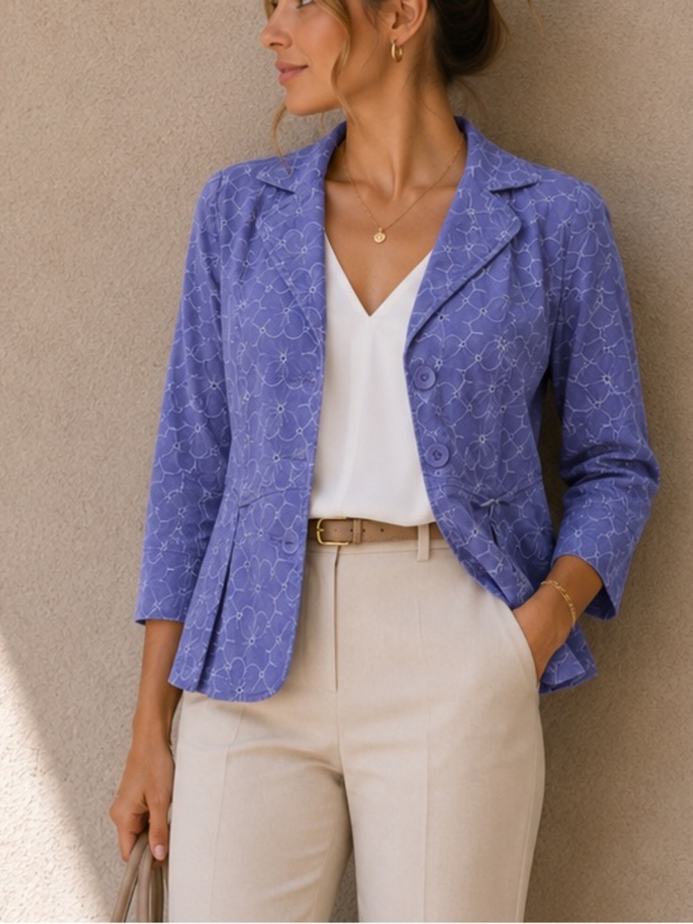 Live A Little Embroidered Blazer Jacket Purple Floral Lightweight Cotton Stretch